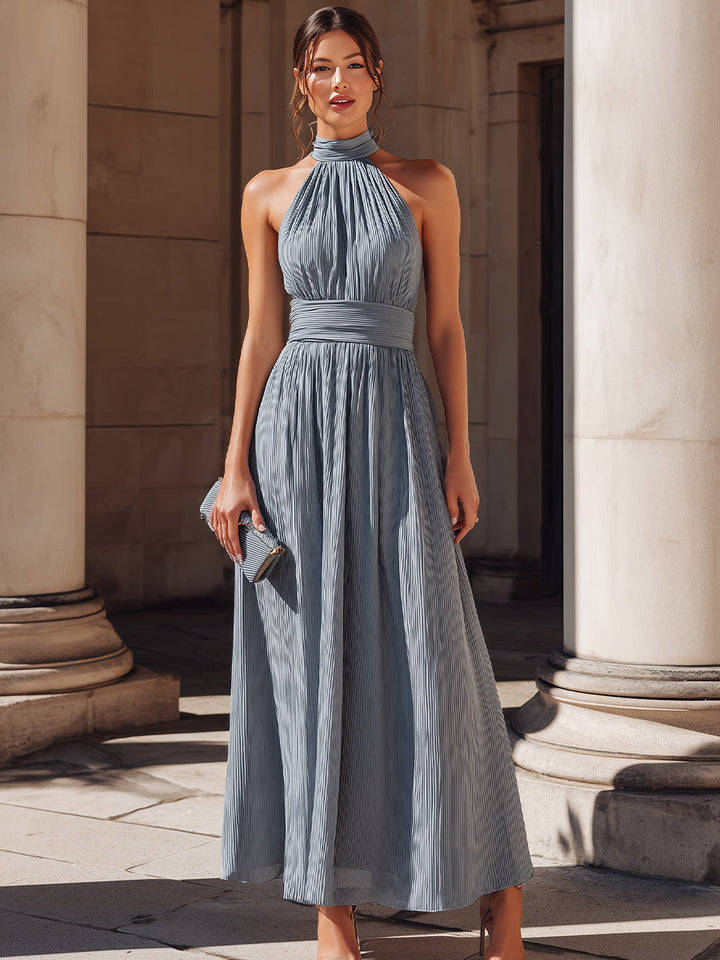 Olivia Bennet | Pleated Halter-Neck A-Line Maxi Dress