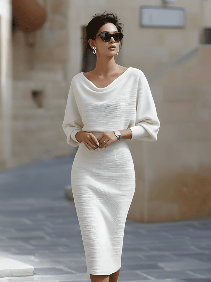 Olivia Bennet | White Draped Batwing Jersey Midi Dress