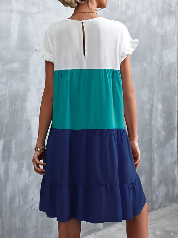 Olivia Bennet | Loose Ruffle Sleeves Contrast Color Falbala Pleated Split-Joint Round-Neck Mini Dresses