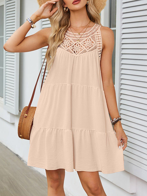 Olivia Bennet | A-Line Loose Hollow Pleated Solid Color Split-Joint Round-Neck Mini Dresses