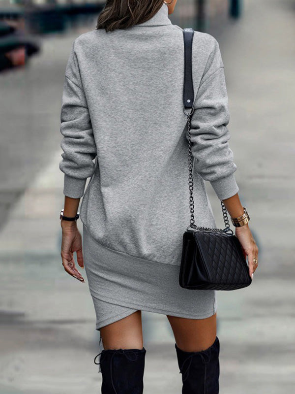 Olivia Bennet | Casual Long Sleeves Solid Color High-Neck Mini Dresses