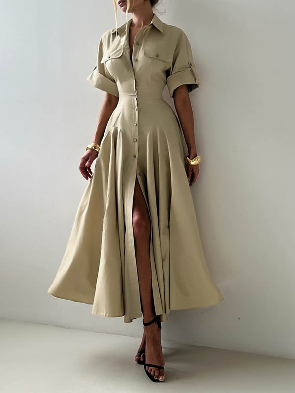 Olivia Bennet | Short Sleeves Buttoned Solid Color Lapel Maxi Dresses Shirt Dress