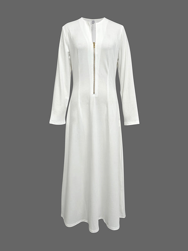 Olivia Bennet | Long Sleeves Solid Color Zipper Round-Neck Maxi Dresses
