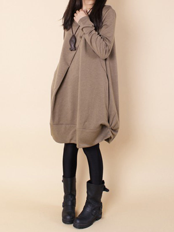 Olivia Bennet | A-line Long Sleeves Pleated Solid Color Round-neck Dresses Maxi Dresses