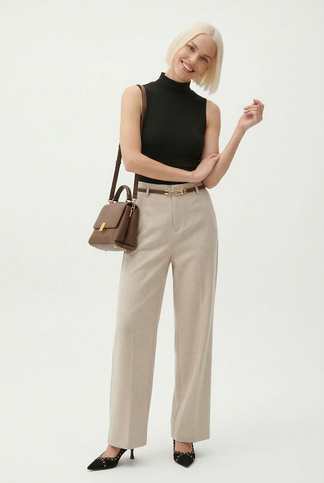 Olivia Bennet | Wide Leg Wool Trousers for Women in Black