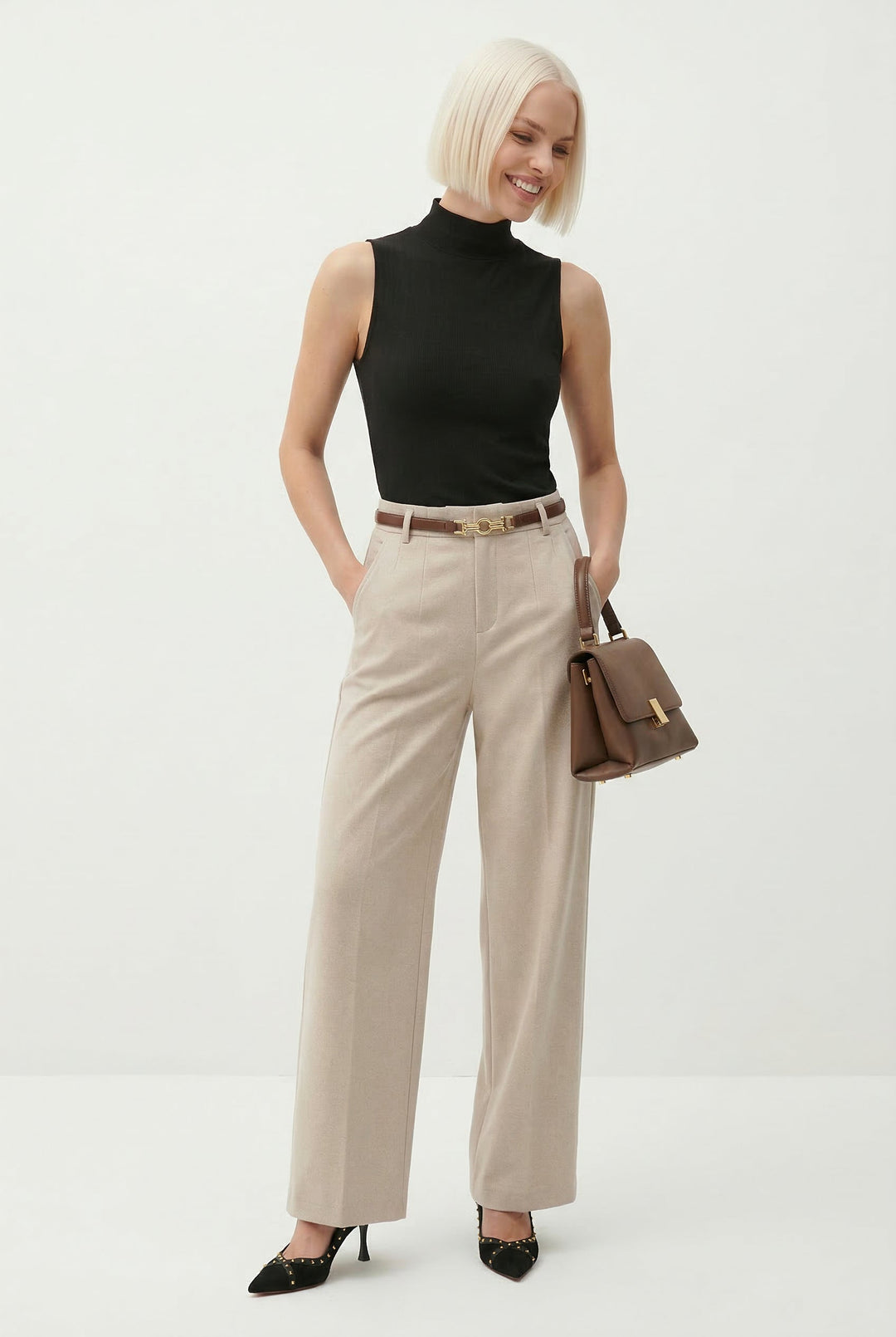 Olivia Bennet | Wide Leg Wool Trousers for Women in Black