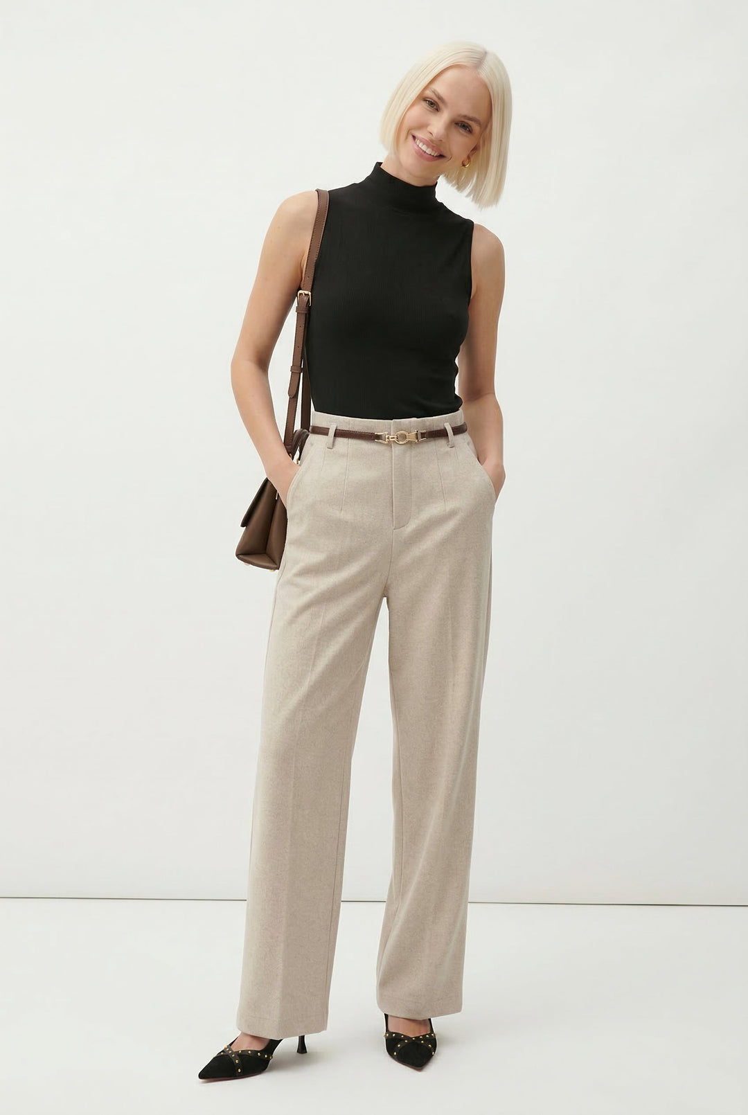 Olivia Bennet | Wide Leg Wool Trousers for Women in Black