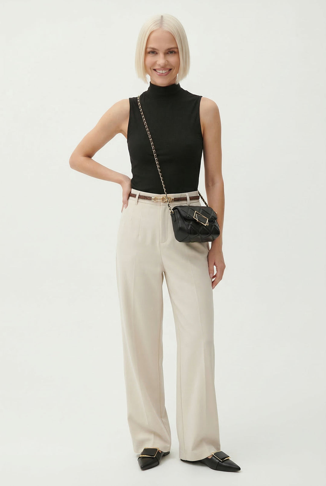 Olivia Bennet | Wide Leg Wool Trousers for Women in Black