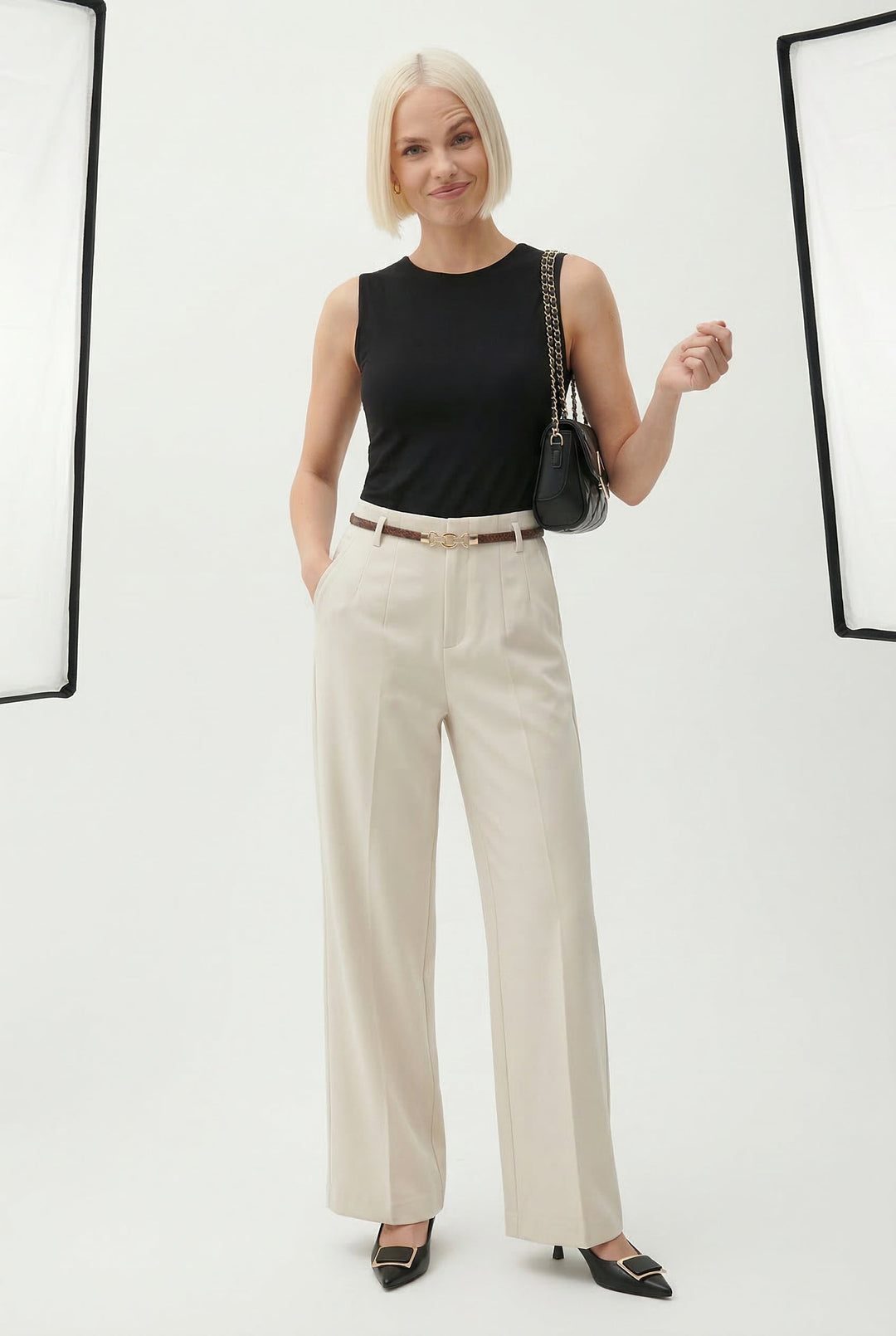 Olivia Bennet | Wide Leg Wool Trousers for Women in Black