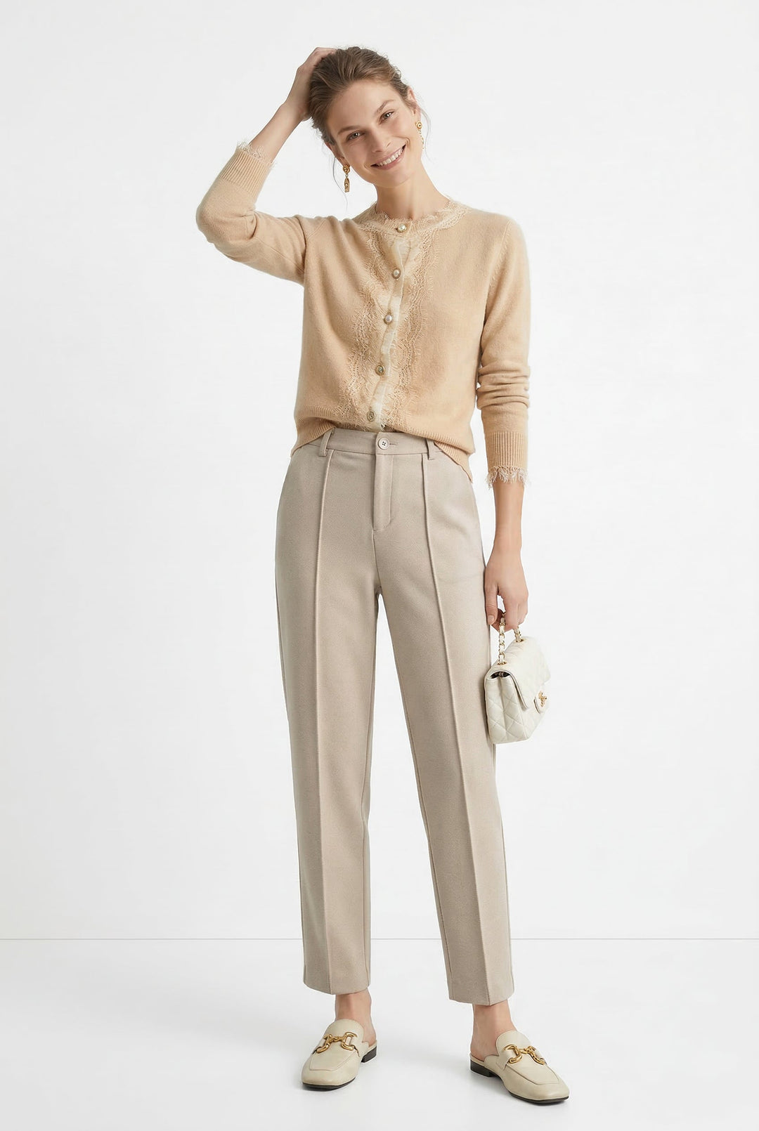 Olivia Bennet | Trousers for Women in Natural Fabric, Slim Fit, Gray, Contemporary Style