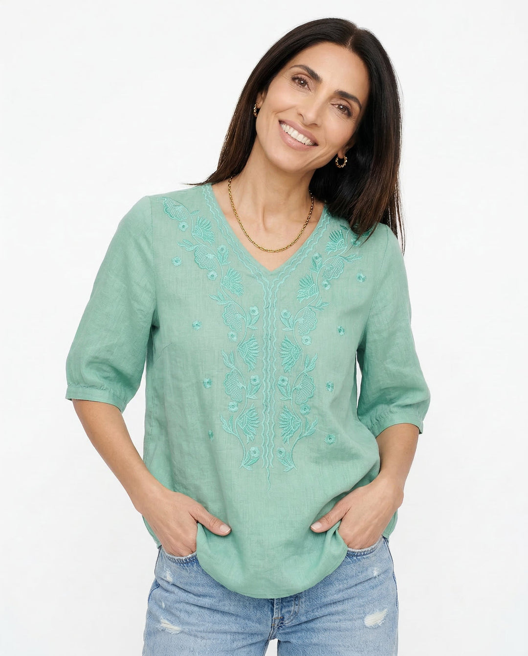 Olivia Bennet | V-Neck Cotton Blouse for Women in White