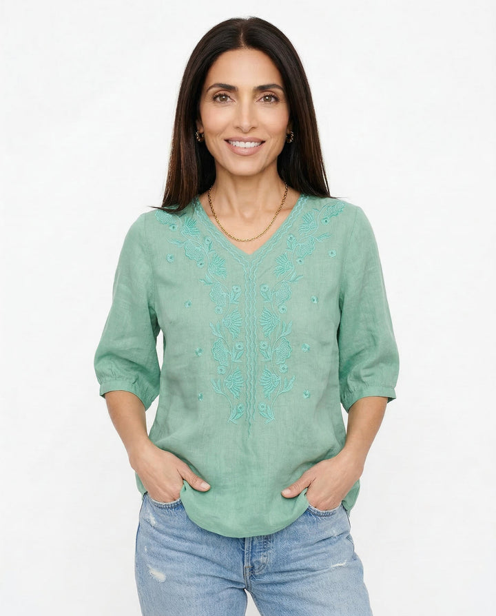 Olivia Bennet | V-Neck Cotton Blouse for Women in White