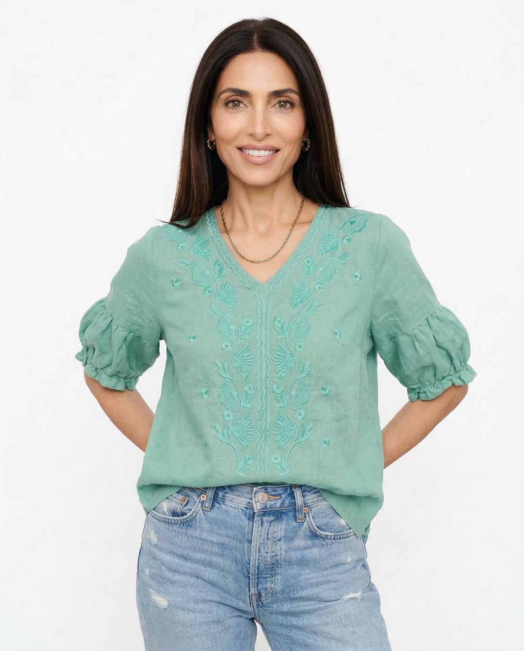 Olivia Bennet | V-Neck Cotton Blouse for Women in White