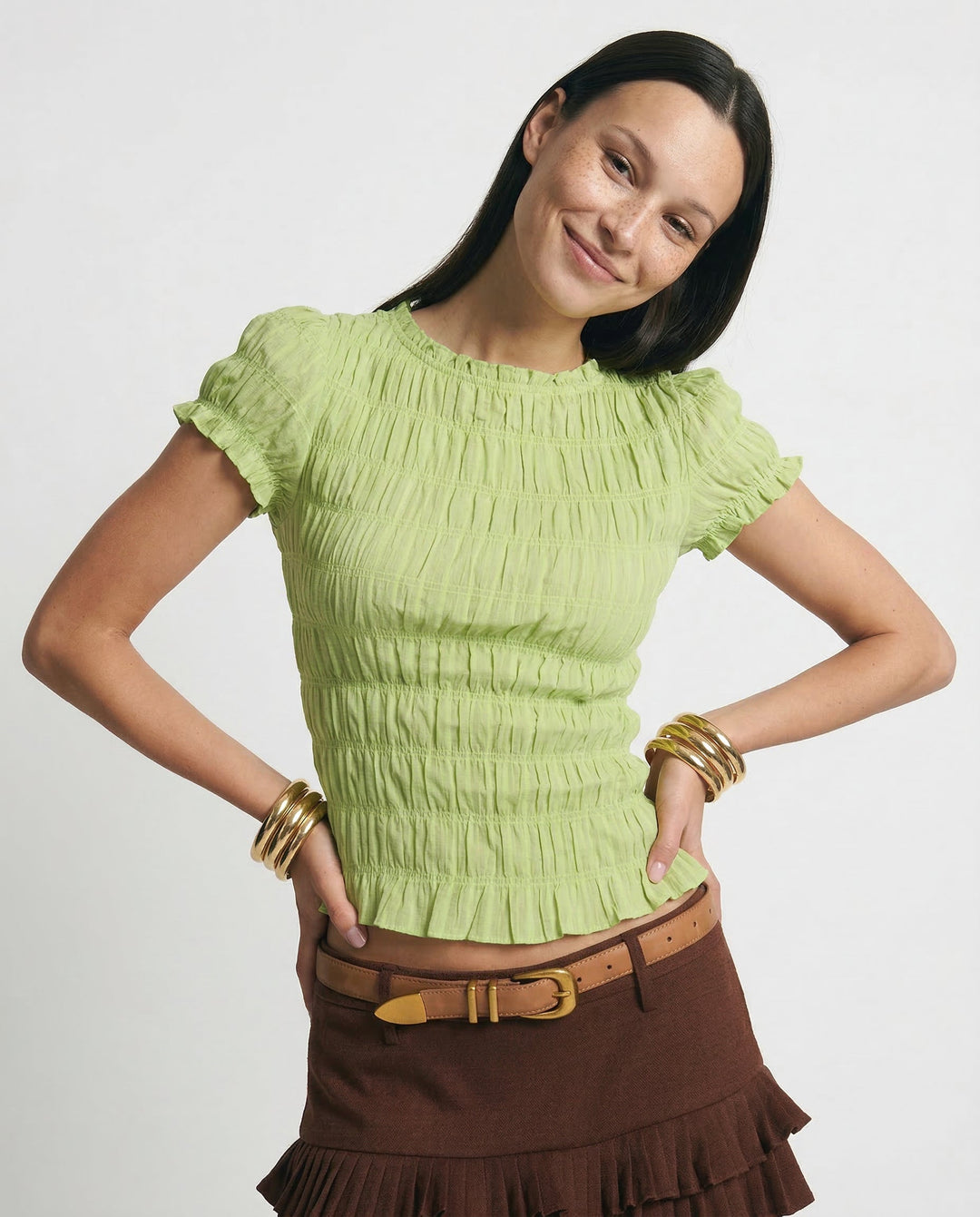 Olivia Bennet | Ruffle Top for Women in Cotton Blend, Regular Fit, White