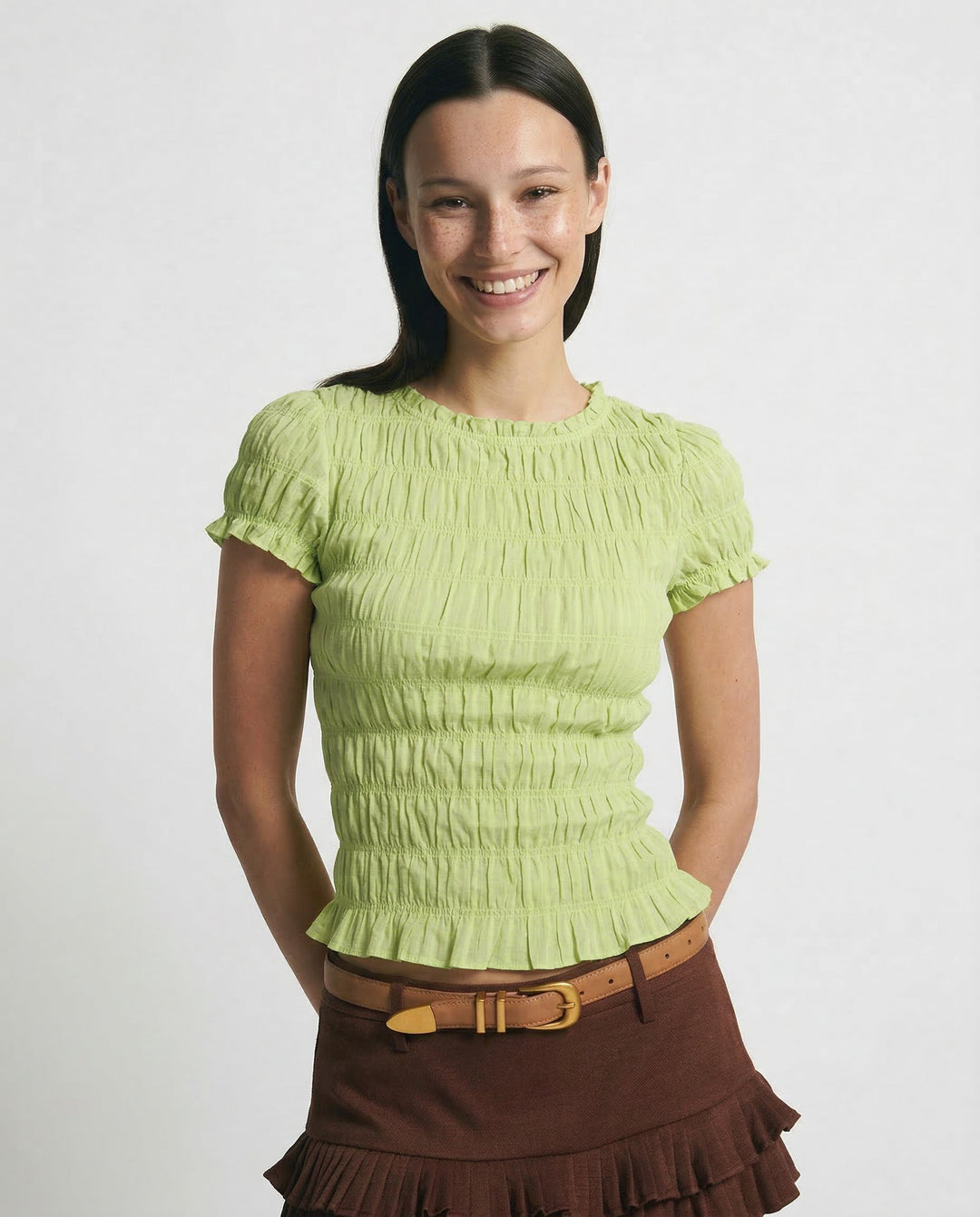 Olivia Bennet | Ruffle Top for Women in Cotton Blend, Regular Fit, White