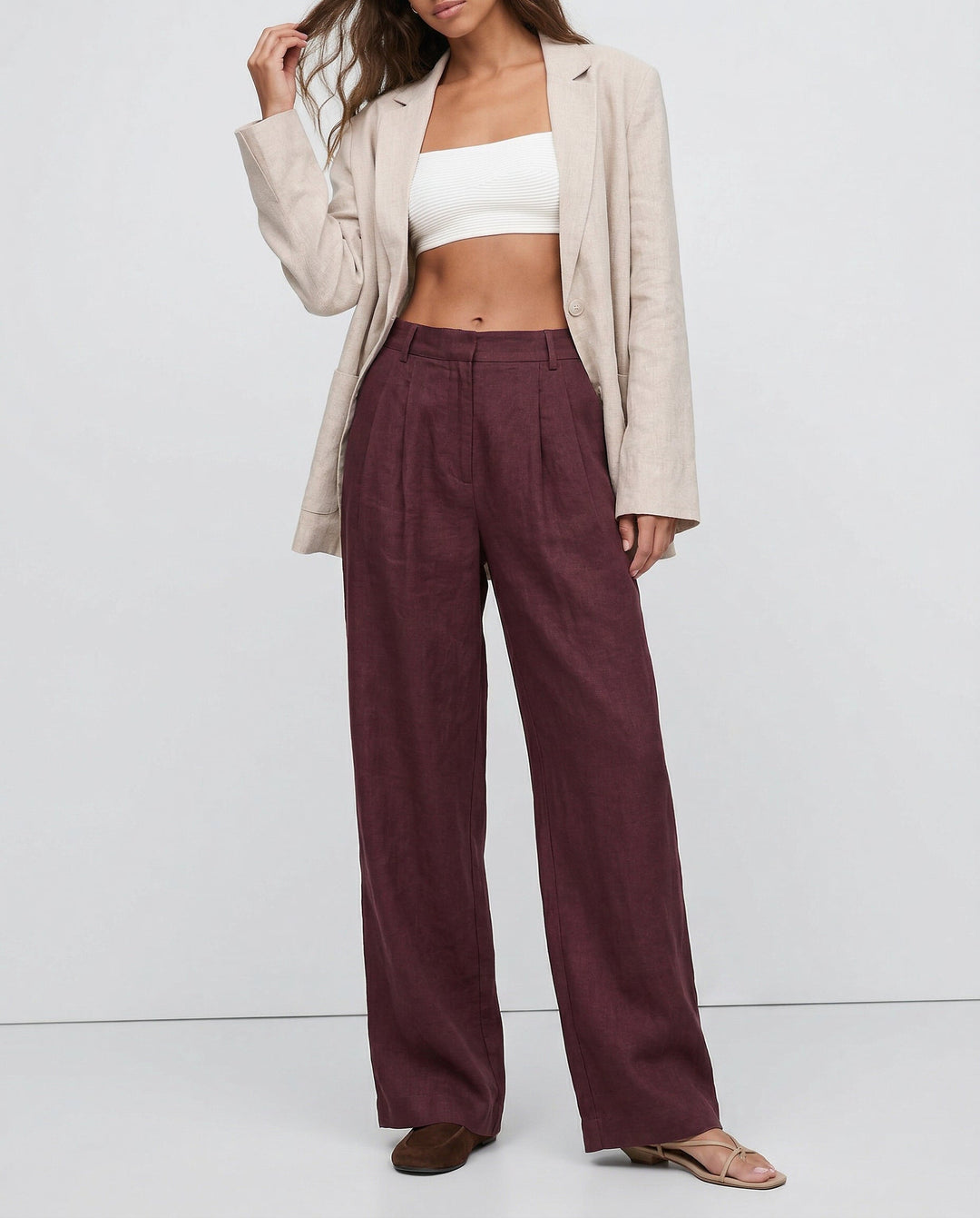 Olivia Bennet | Linen Wide-Leg Trousers for Women in Natural
