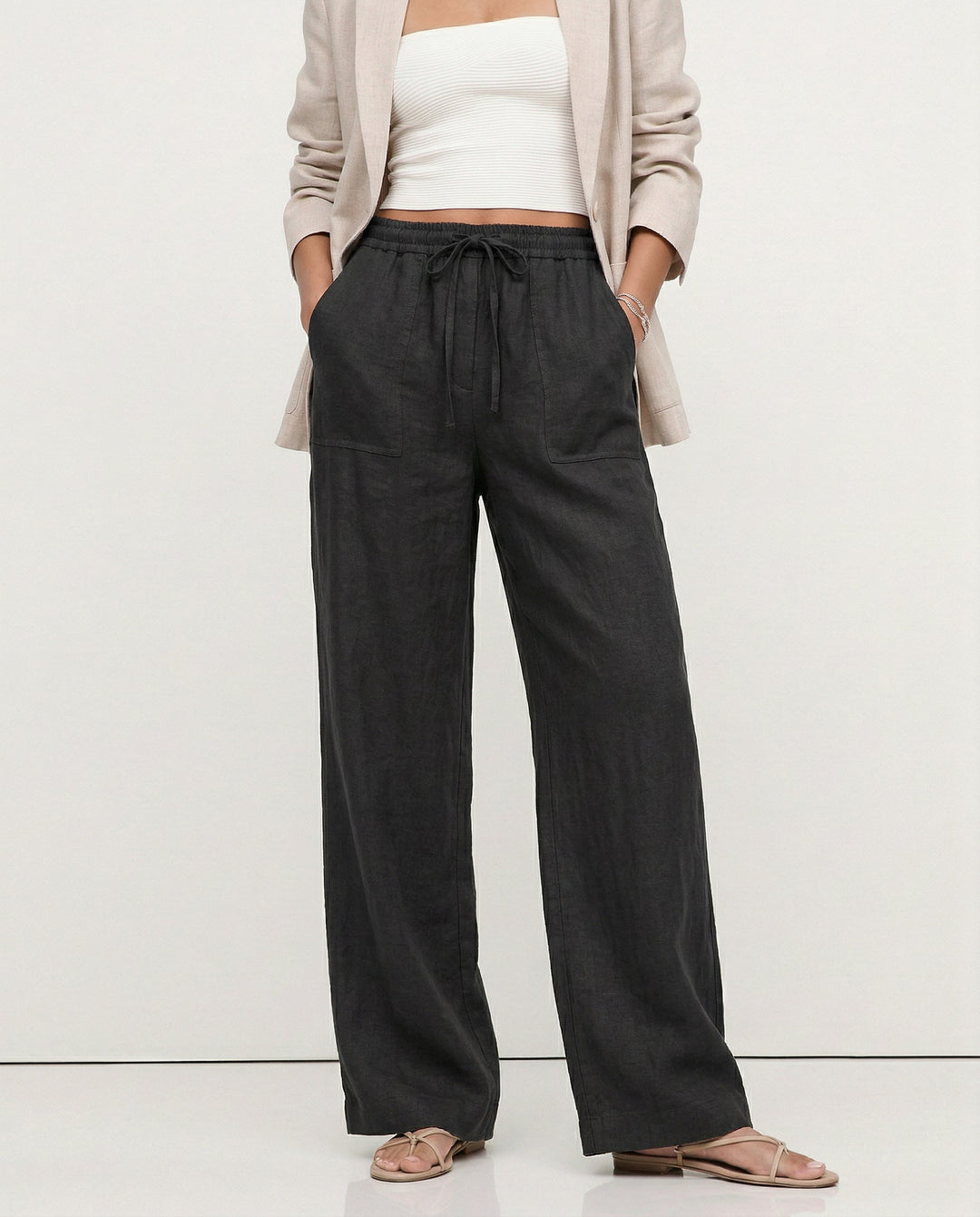Olivia Bennet | Drawstring Straight Linen Pant for Women in Natural