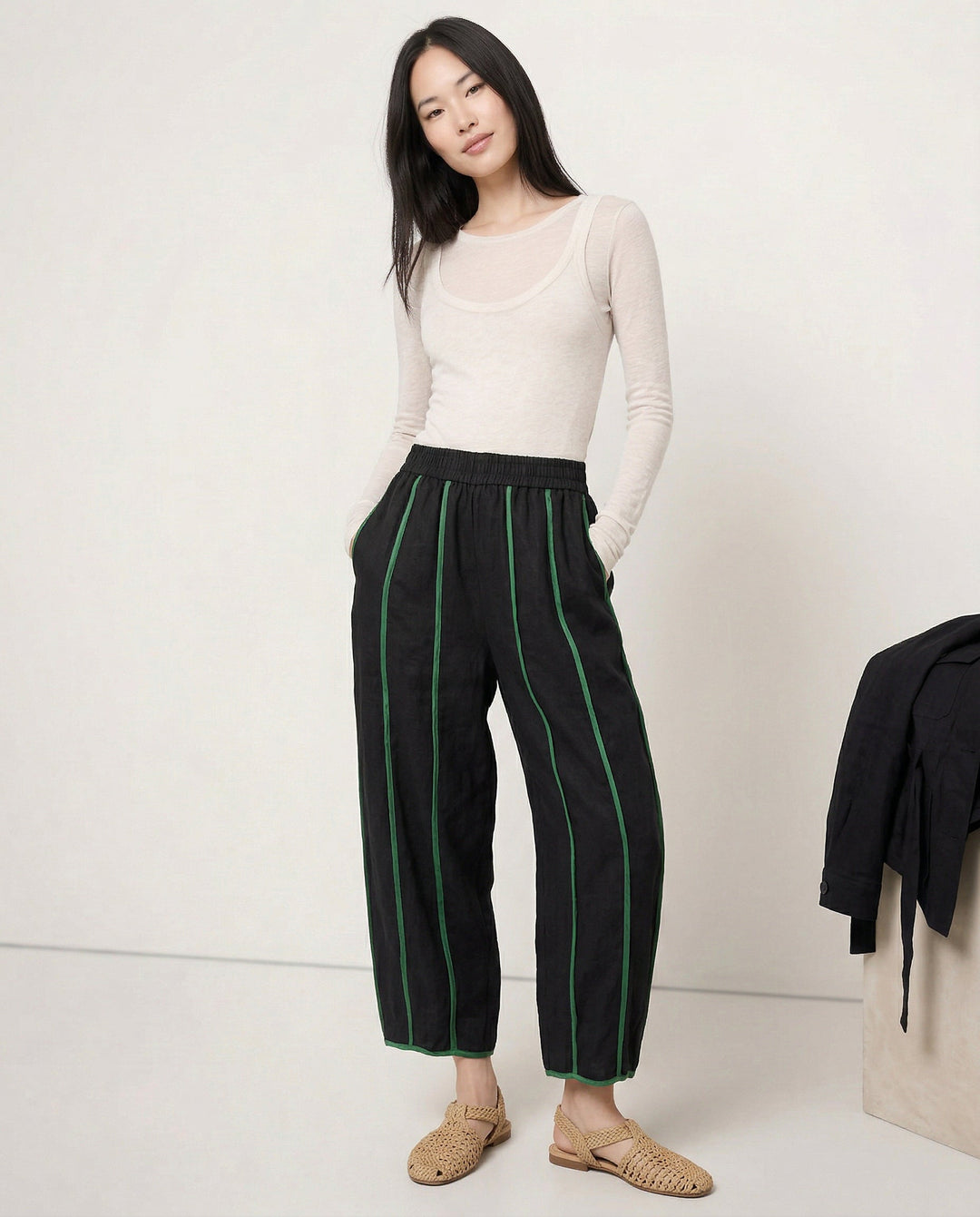 Olivia Bennet | Green Stripe Linen Wide Leg Pant