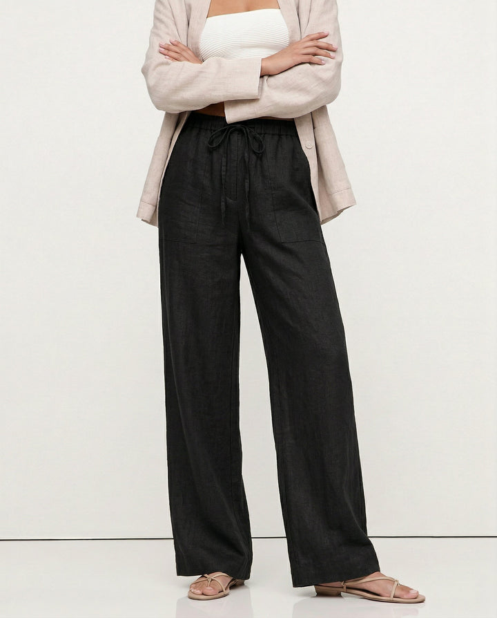 Olivia Bennet | Drawstring Straight Linen Pant for Women in Natural