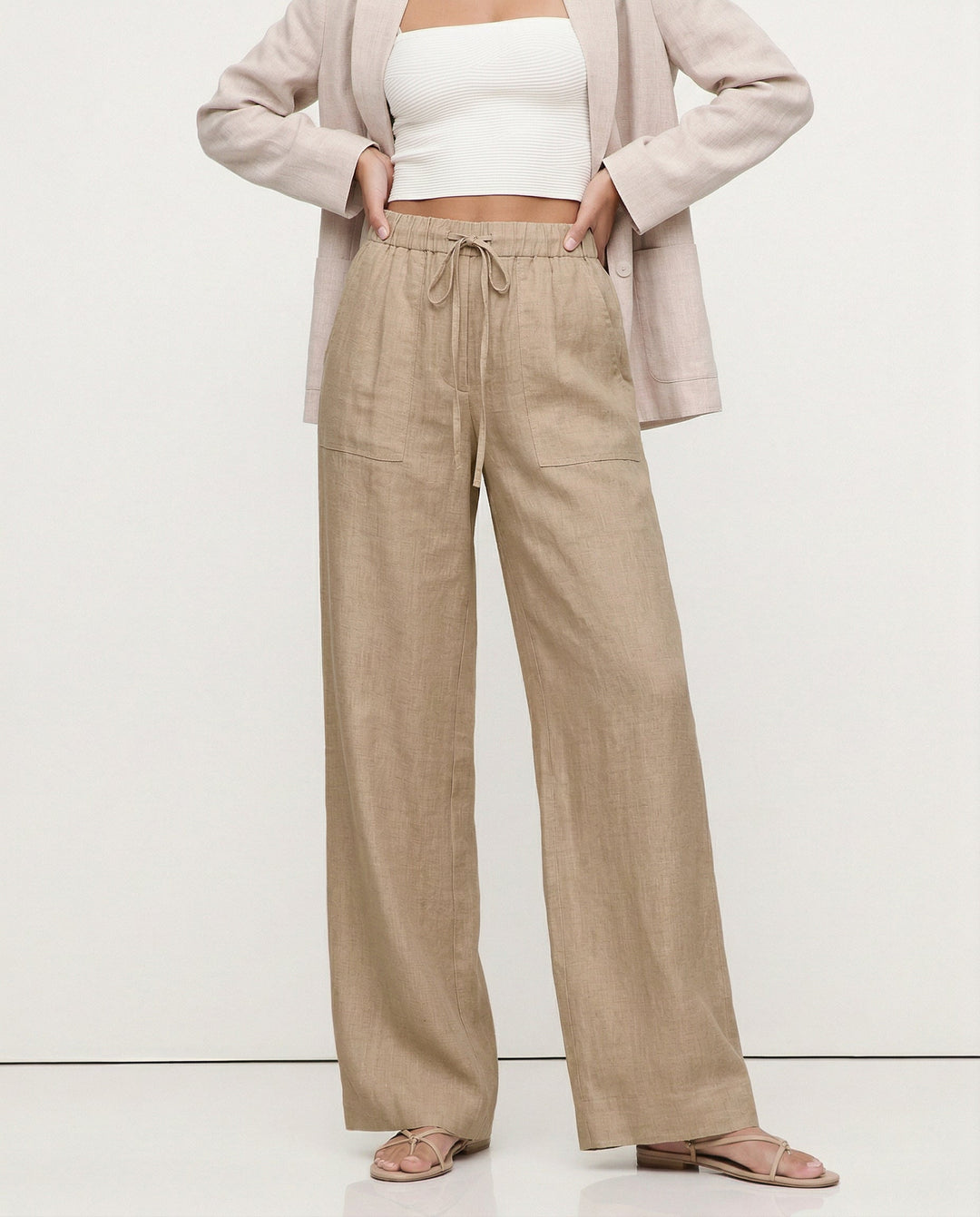 Olivia Bennet | Drawstring Straight Linen Pant for Women in Natural