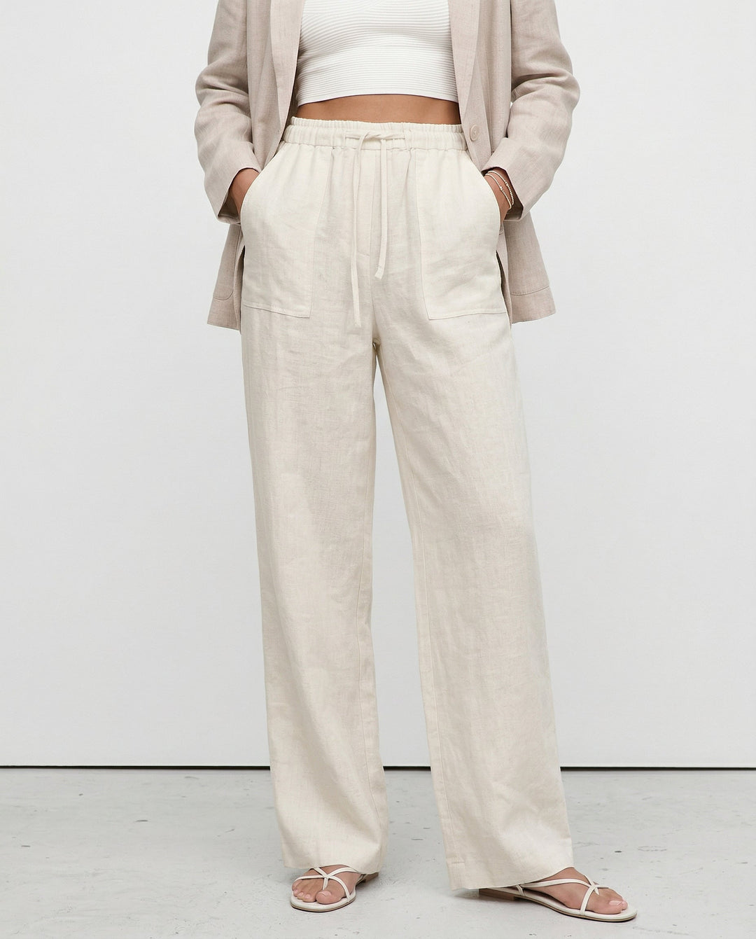 Olivia Bennet | Drawstring Straight Linen Pant for Women in Natural