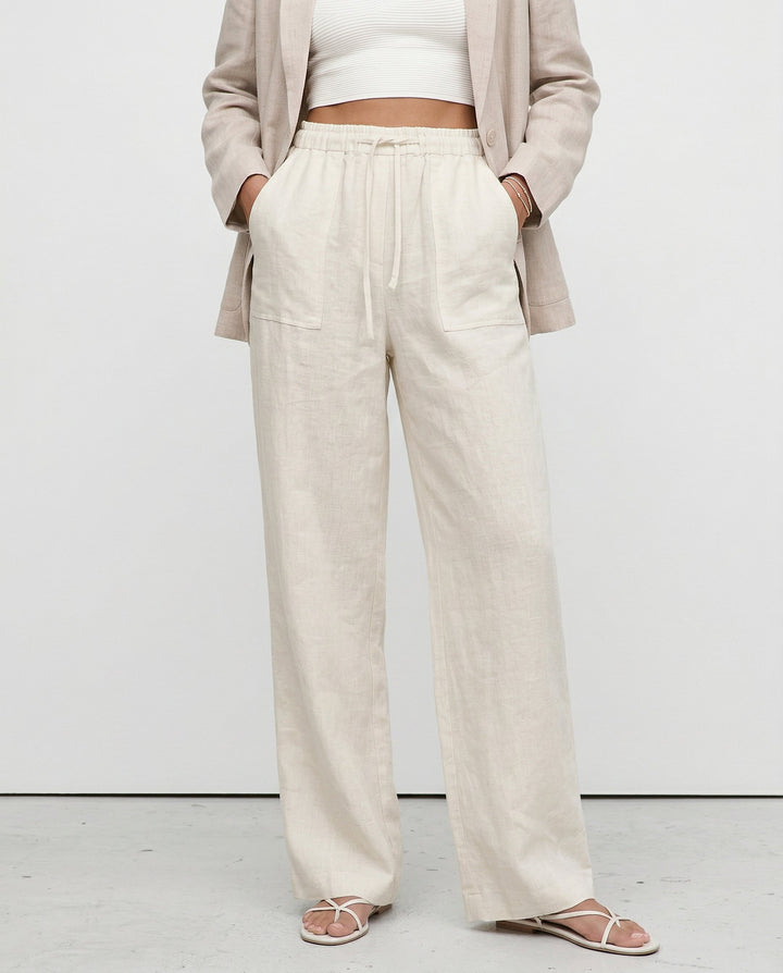 Olivia Bennet | Drawstring Straight Linen Pant for Women in Natural