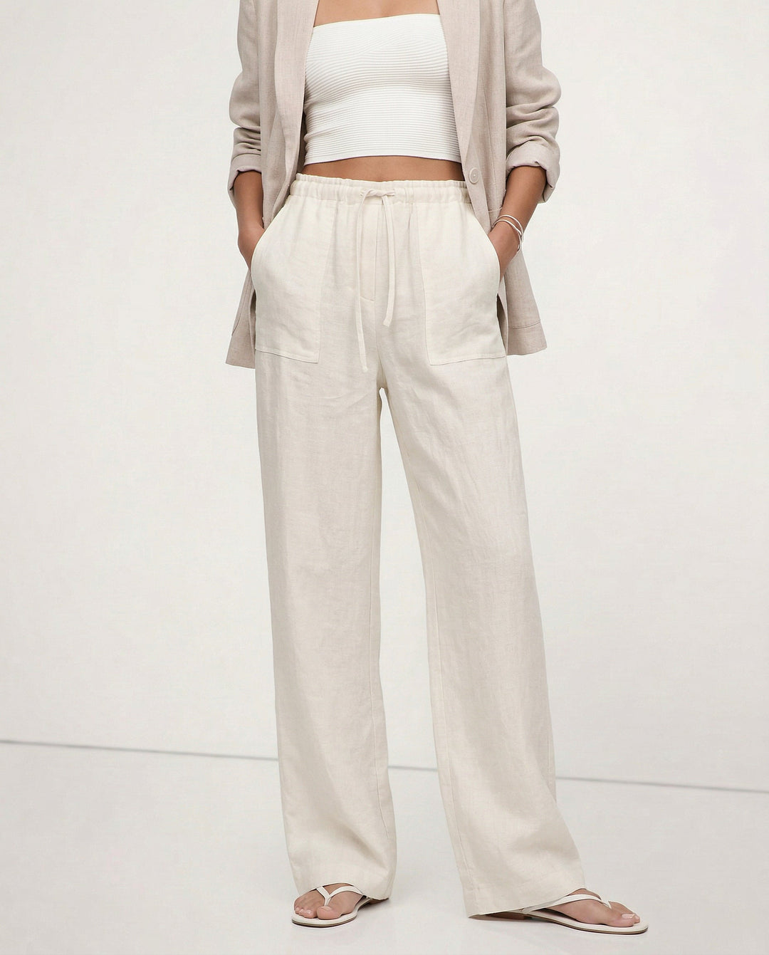 Olivia Bennet | Drawstring Straight Linen Pant for Women in Natural