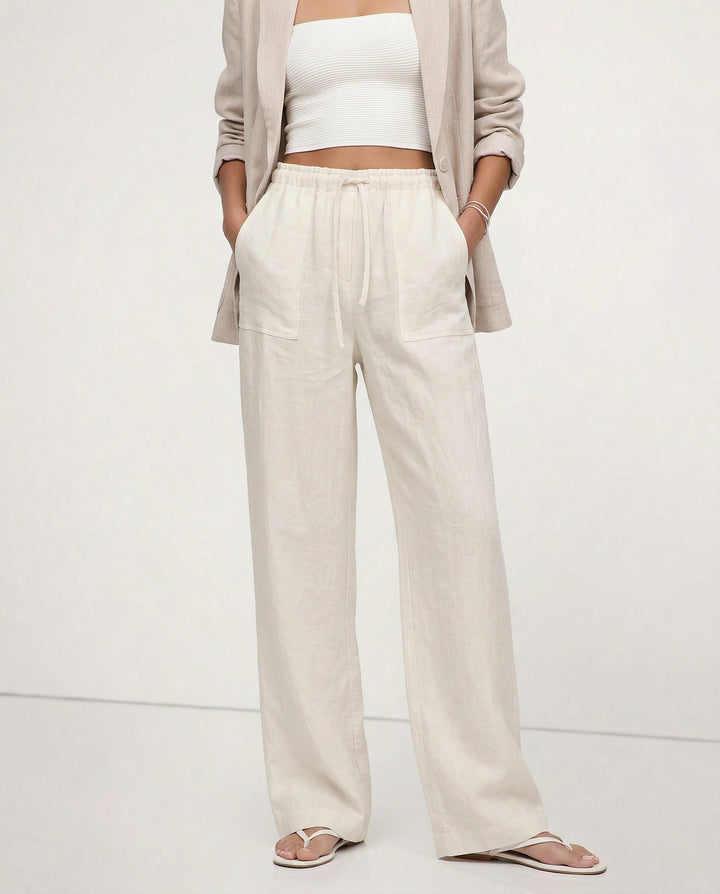 Olivia Bennet | Drawstring Straight Linen Pant for Women in Natural