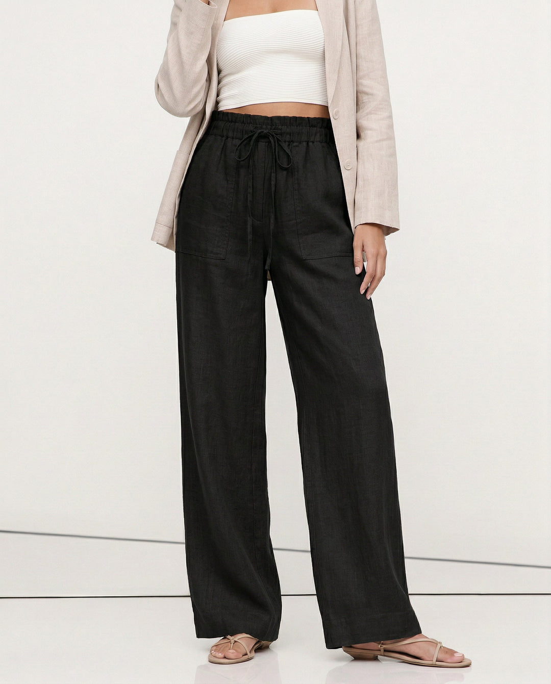 Olivia Bennet | Drawstring Straight Linen Pant for Women in Natural