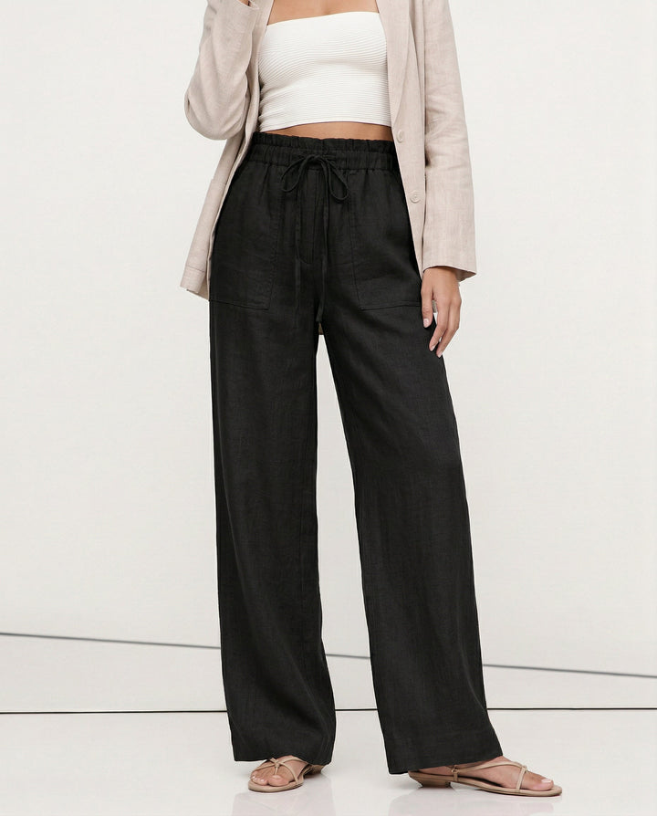 Olivia Bennet | Drawstring Straight Linen Pant for Women in Natural