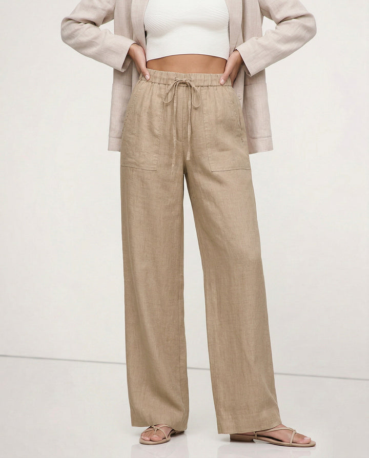 Olivia Bennet | Drawstring Straight Linen Pant for Women in Natural
