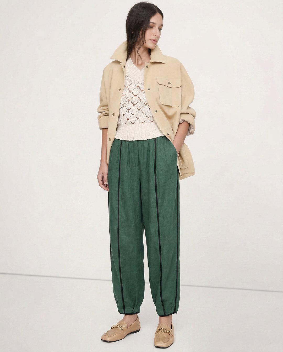 Olivia Bennet | Green Stripe Linen Wide Leg Pant