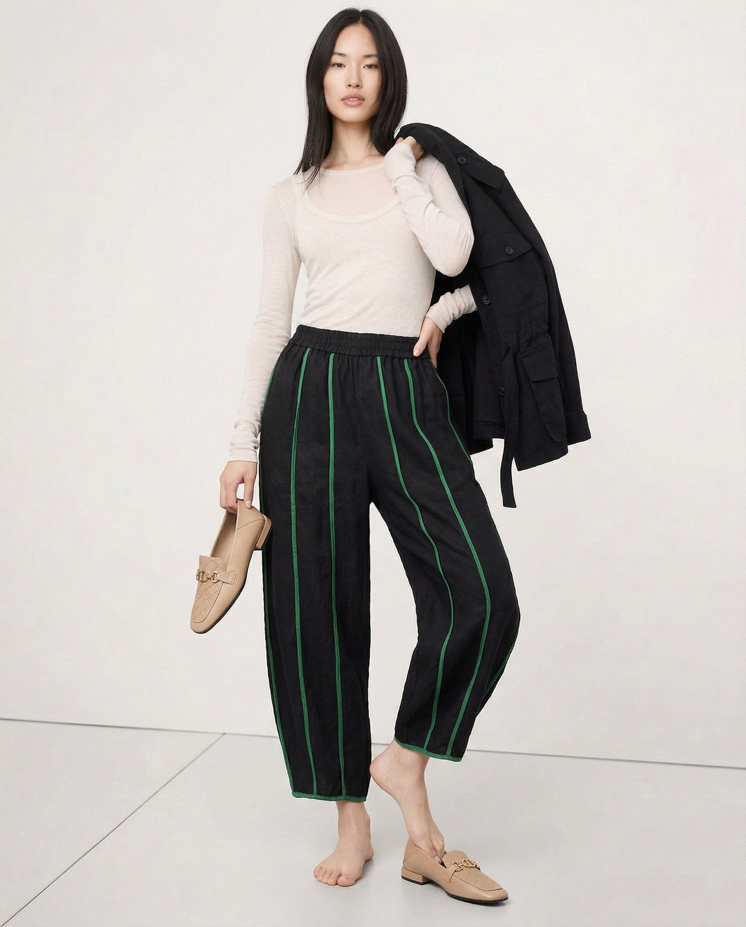 Olivia Bennet | Green Stripe Linen Wide Leg Pant