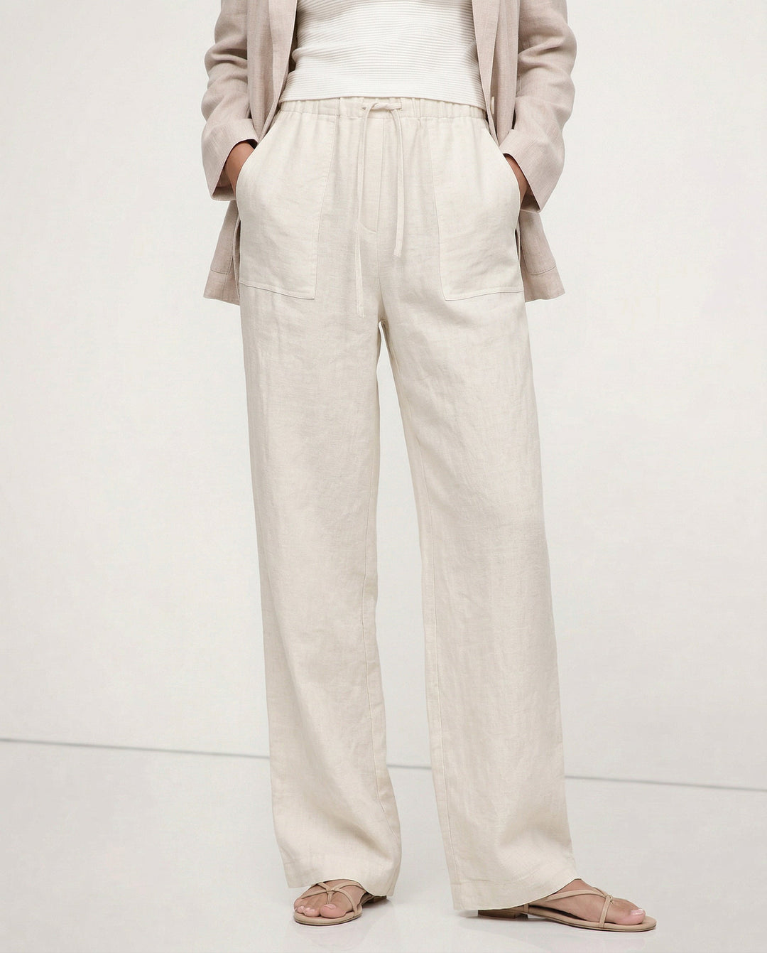 Olivia Bennet | Drawstring Straight Linen Pant for Women in Natural