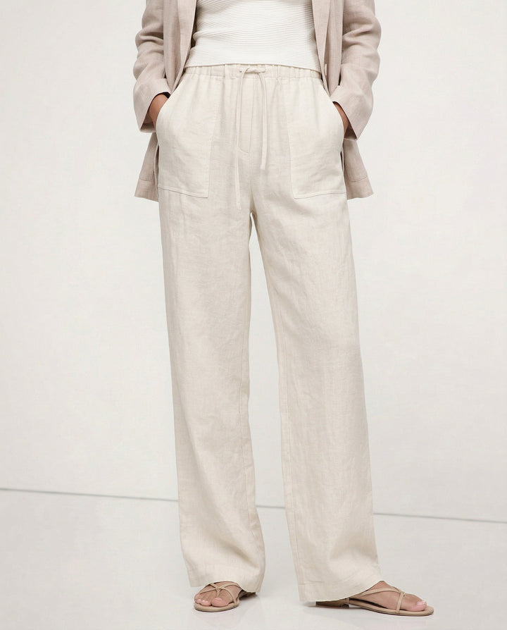 Olivia Bennet | Drawstring Straight Linen Pant for Women in Natural