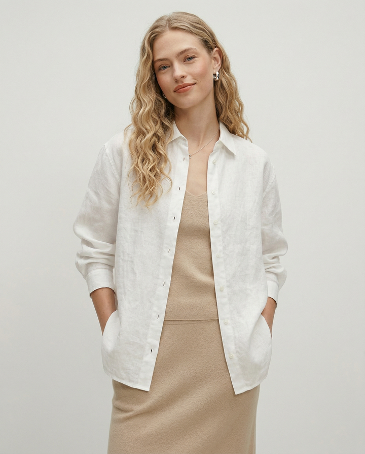 Olivia Bennet | Linen Shirt for Women in White with Slit Hem