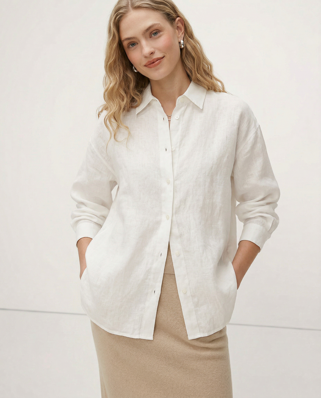 Olivia Bennet | Linen Shirt for Women in White with Slit Hem