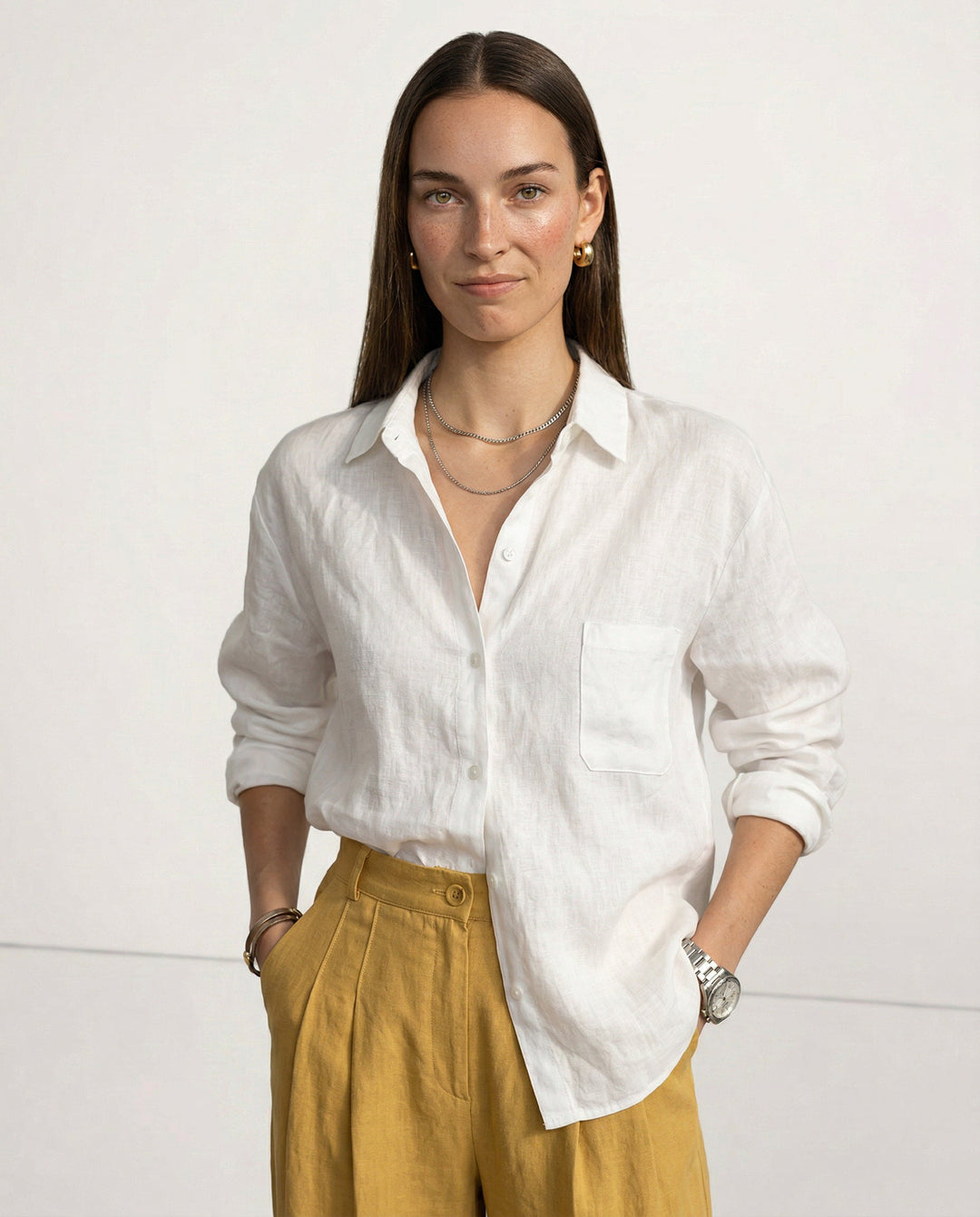 Olivia Bennet | Soft Linen Open Collar Shirt