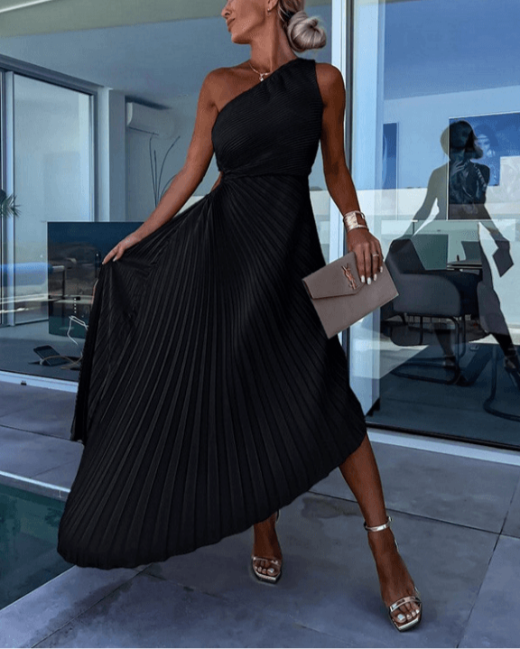 Women’s One Shoulder Pleated Maxi Dress