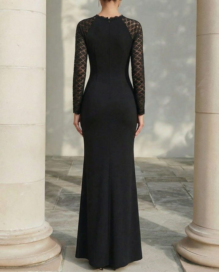 Olivia Bennet | Black Sculpted Bodice Sheer Sleeve Silk-Blend Evening Dress