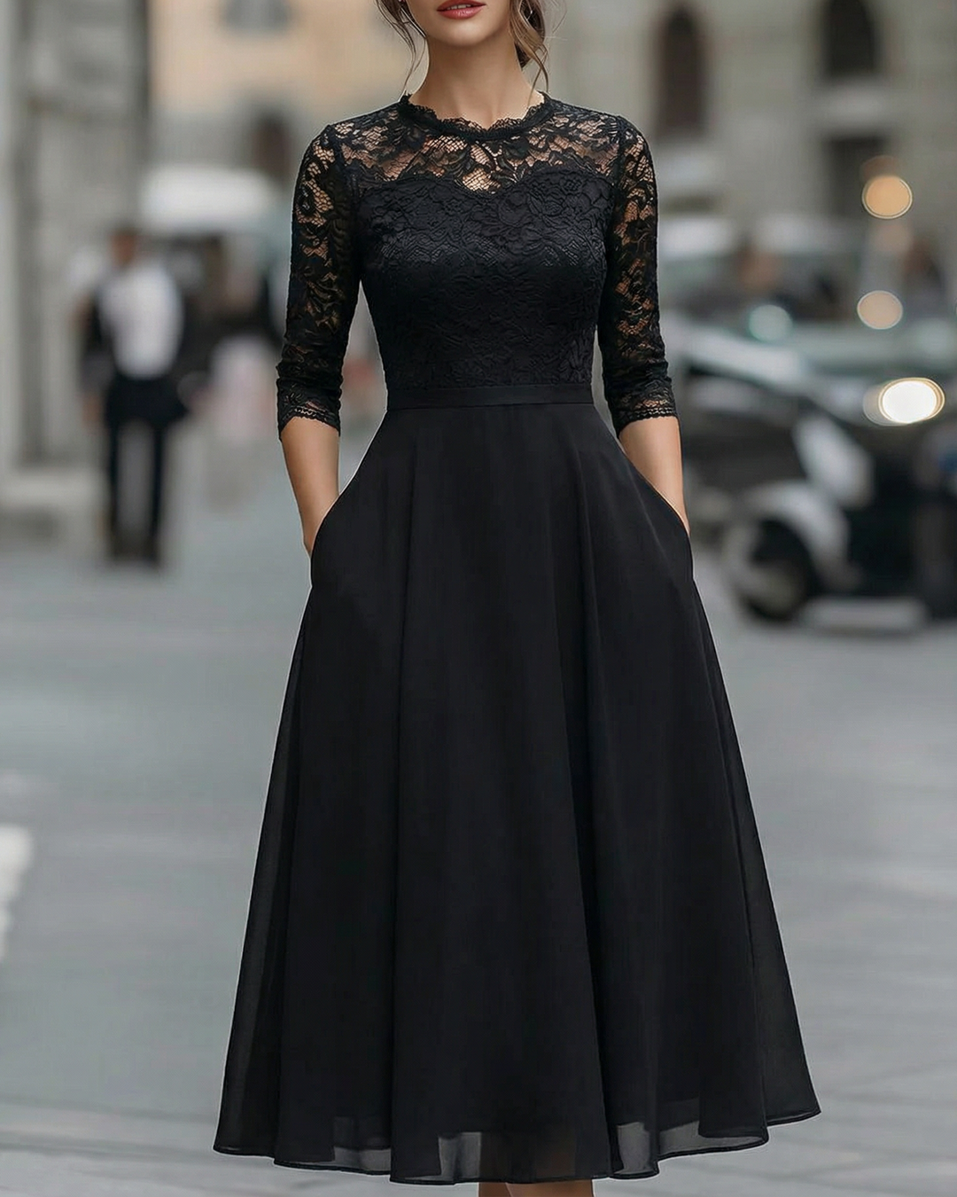 Olivia Bennet | Ivory Lace Bodice A-Line Chiffon Dress