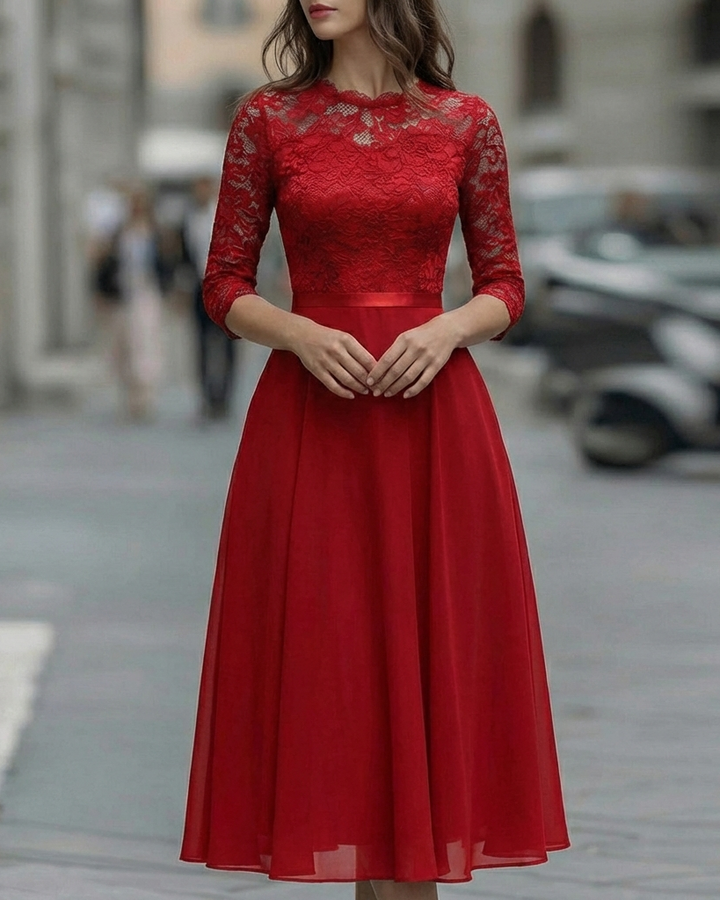 Olivia Bennet | Ivory Lace Bodice A-Line Chiffon Dress