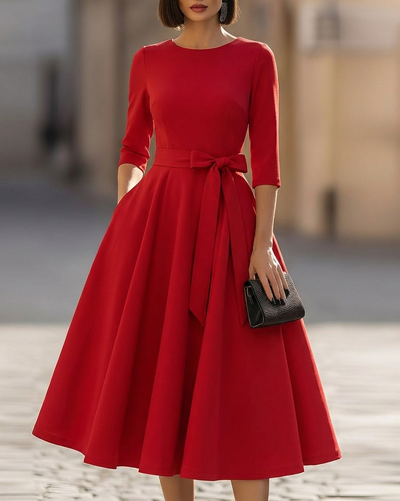 Olivia Bennet | Black Crew-Neck Midi Ribbed Cotton Dress