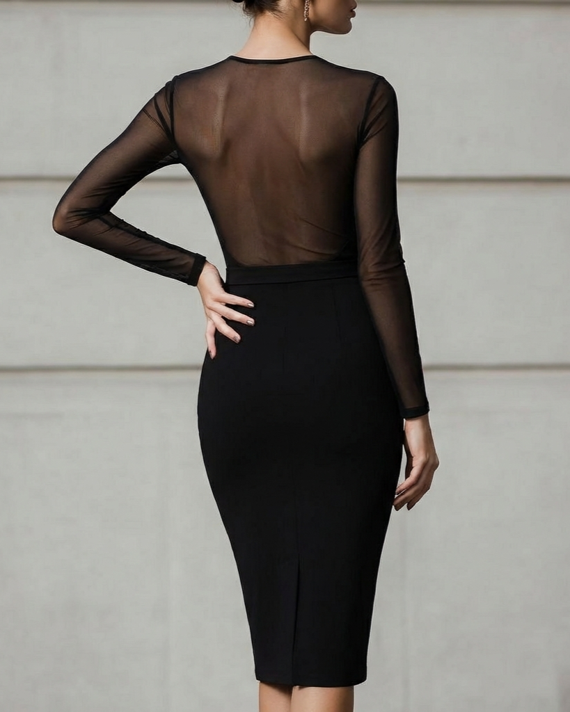 Olivia Bennet | Black Long-Sleeve Sheer Mesh Sheath Dress