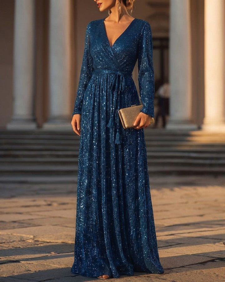 Olivia Bennet | Champagne V-Neck Wrap Long-Sleeve Sequin Evening Gown