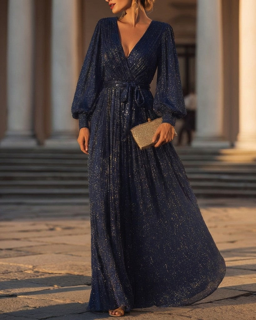 Olivia Bennet | Champagne V-Neck Wrap Long-Sleeve Sequin Evening Gown