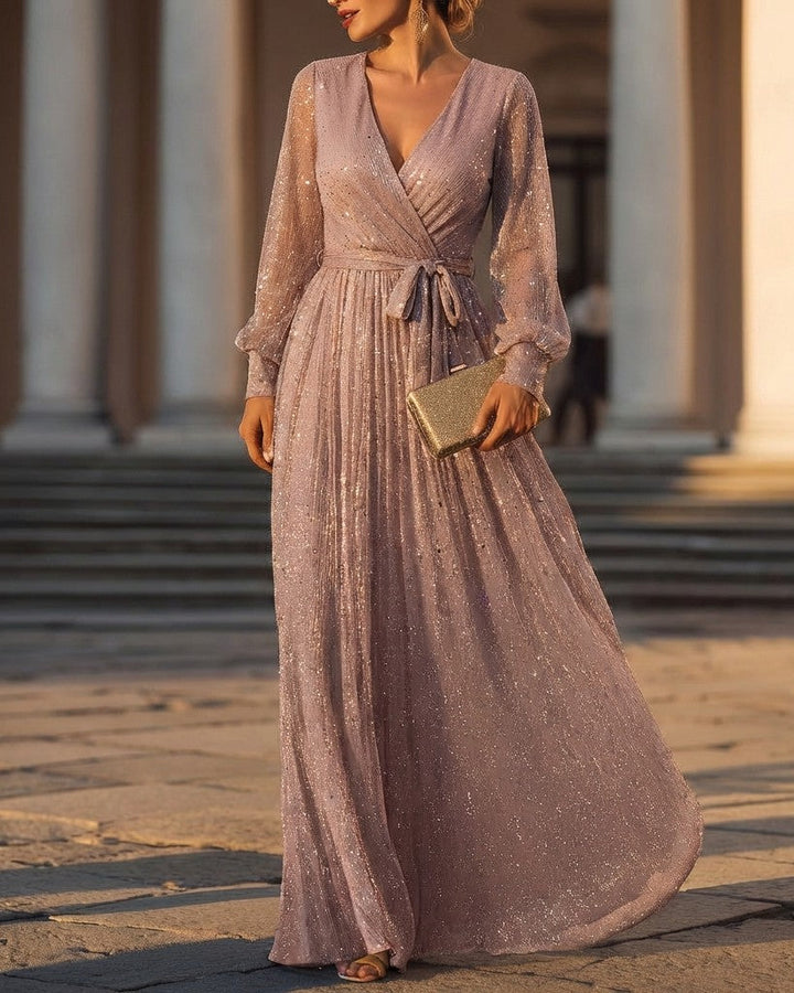 Olivia Bennet | Champagne V-Neck Wrap Long-Sleeve Sequin Evening Gown