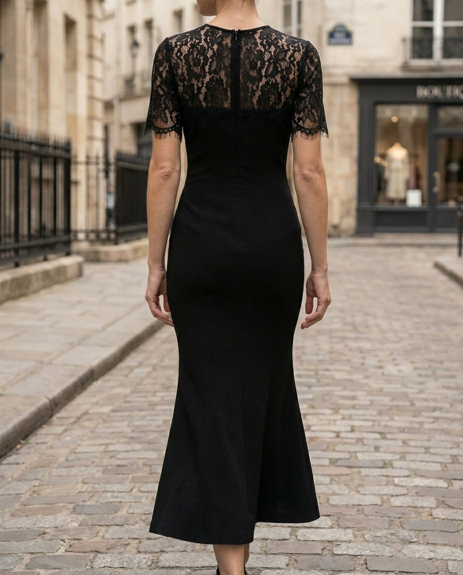 Olivia Bennet | Ivory Fitted Lace-Sleeve Midi Dress