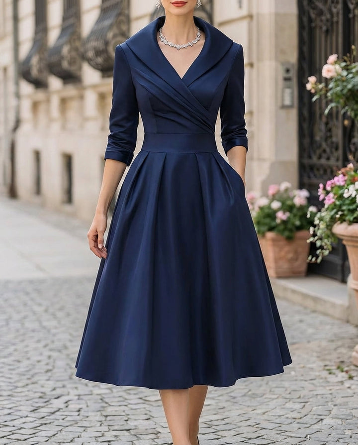 Olivia Bennet | Ivory Trench-Collar Wrap Satin Midi Dress