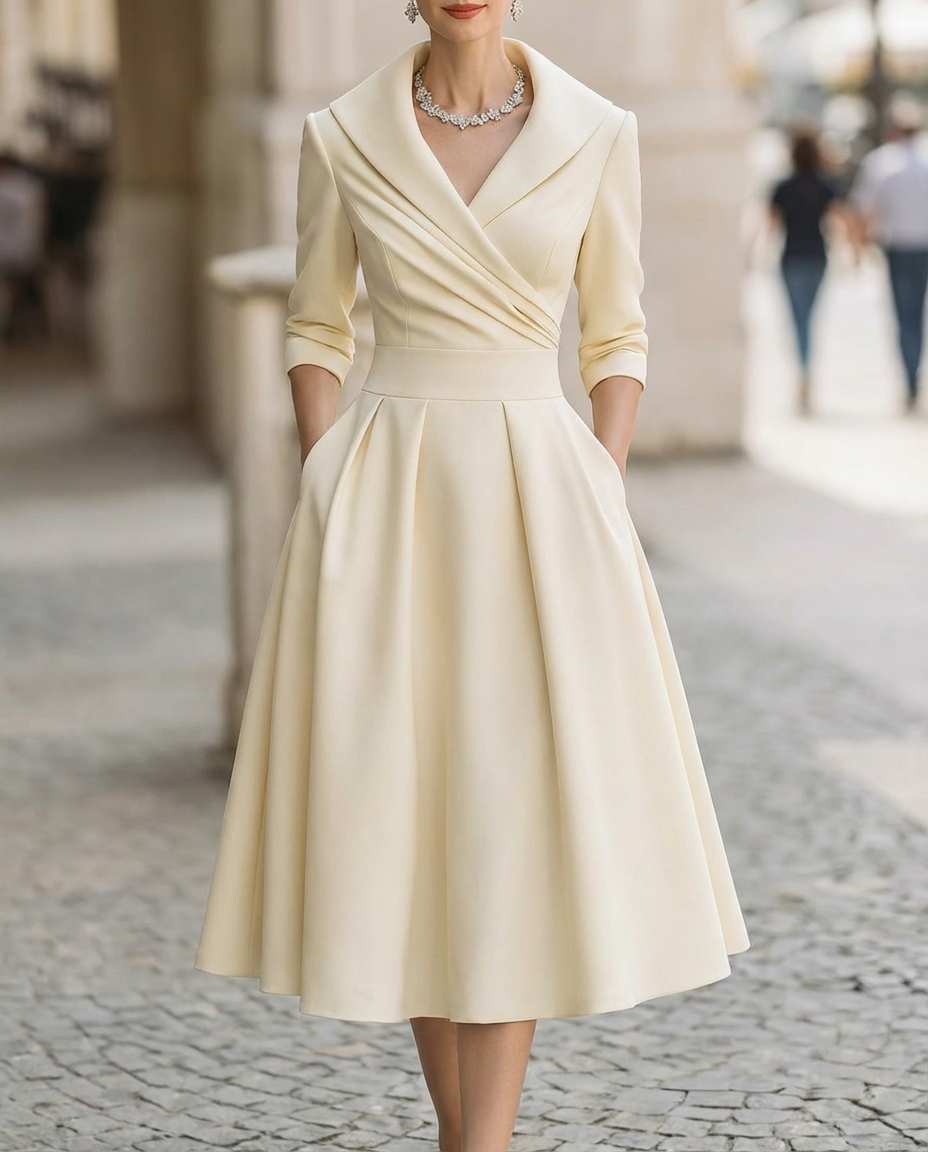 Olivia Bennet | Ivory Trench-Collar Wrap Satin Midi Dress